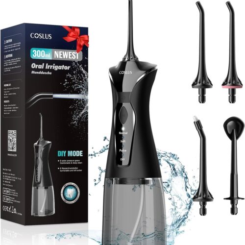COSLUS Water Dental Flosser Pick for Teeth: 4 Modes Cordless Portable 300ML Larger Tank Water Teeth Cleaner IPX7 Waterproof Oral Irrigator Professional Flossing Cleaning Picks for Home Travel FC5360