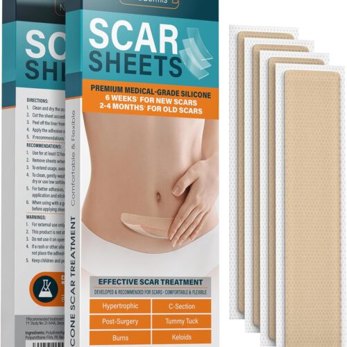 NUVADERMIS Silicone Scar Sheets - Extra Long Scar Sheets for C-Section, Tummy Tuck, Keloid, and Surgical Scars - Reusable Medical Grade Silicone Scar Sheets - Pack of 4 - Light Tone