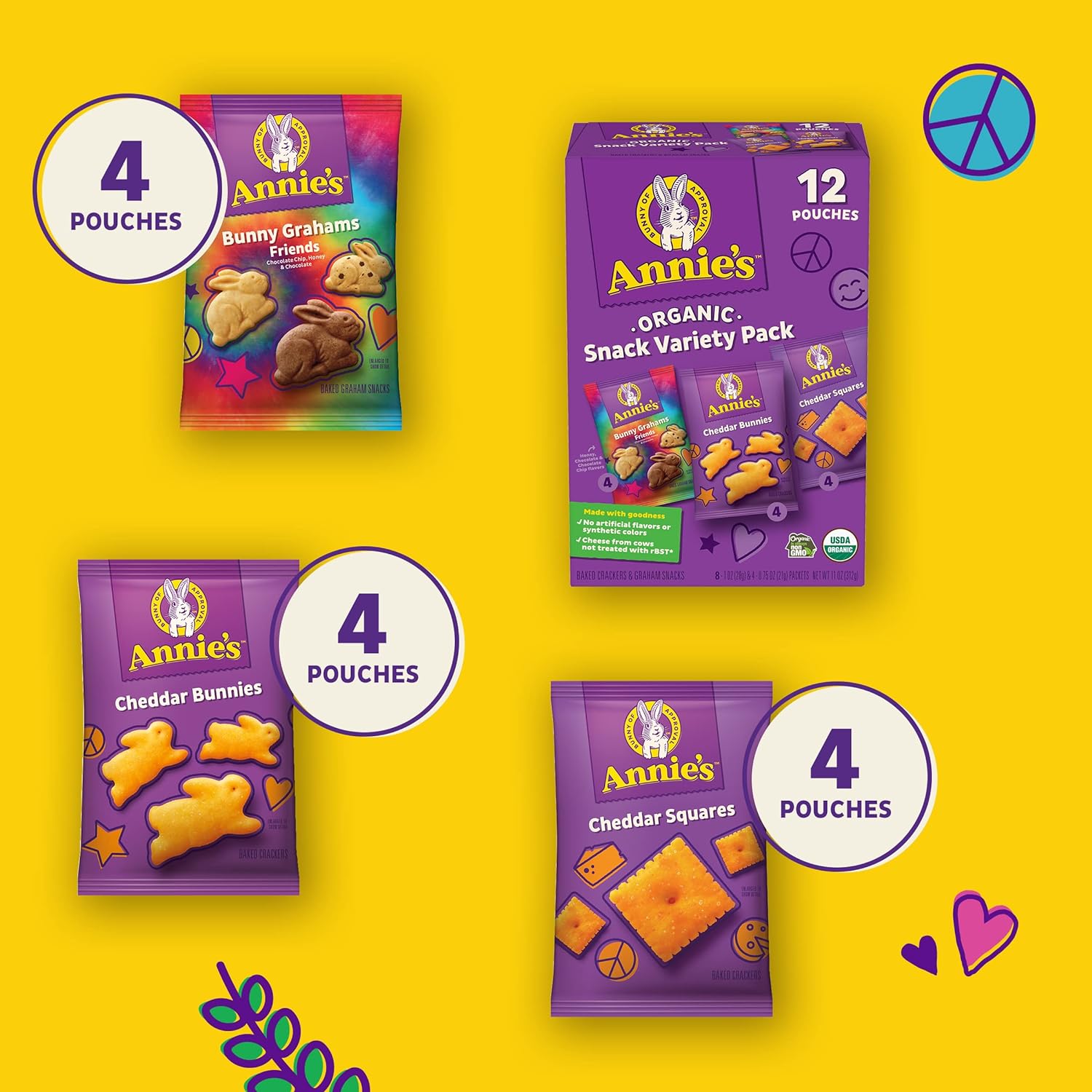 Annie's Organic Variety Pack, Cheddar Bunnies, Bunny Grahams and Cheddar Squares, 12 Pouches, 11 oz - Image 5